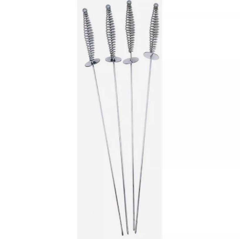 Set of four stainless steel BBQ skewers with spiral cool-touch handles and protective guards, ideal for grilling and outdoor cooking accessories.