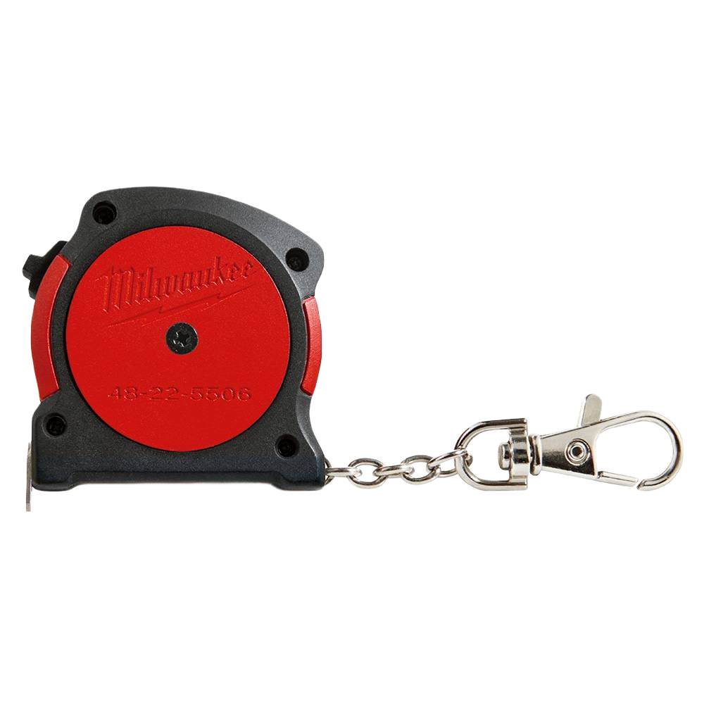 Compact red and black Milwaukee keychain tape measure with metal clip for woodworking and measuring tools collections under $50