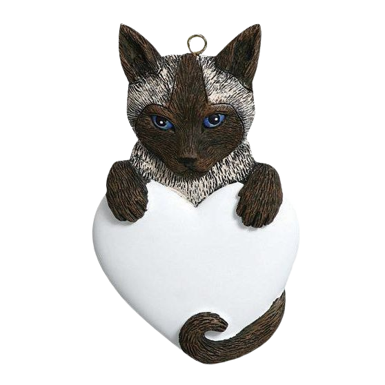 Handcrafted Siamese cat Christmas ornament holding a white heart for tree decoration under $50 collection