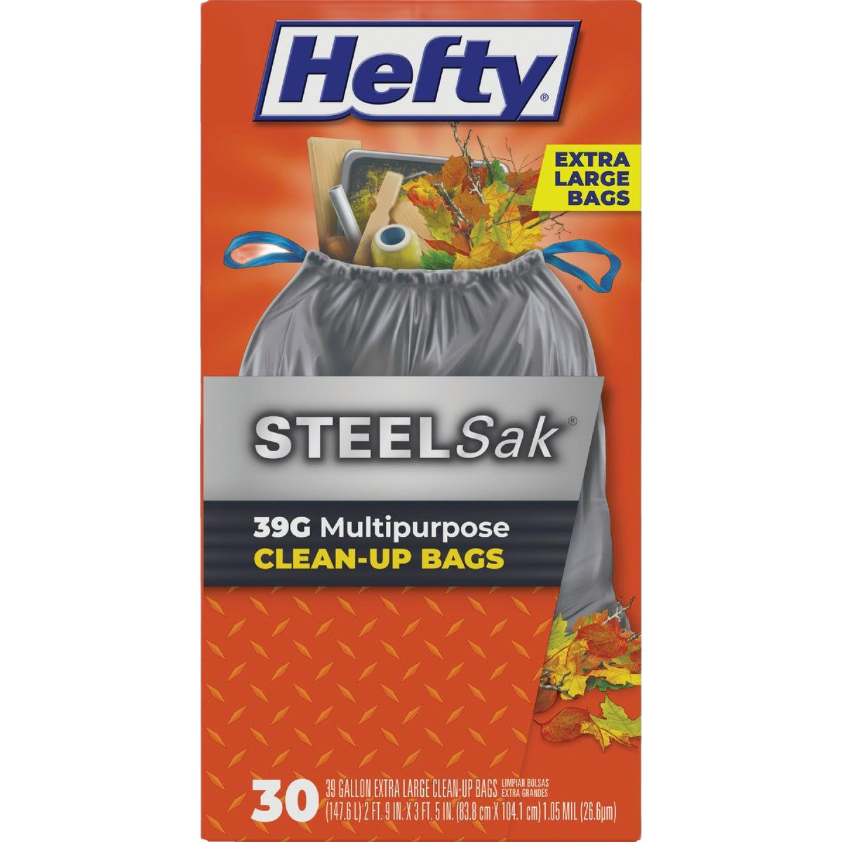 Box of Hefty Steel Sak 39-gallon multipurpose heavy duty black trash bags with drawstring closure for home cleanup