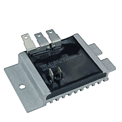 Metal voltage regulator with mounting bracket and electrical connectors for John Deere equipment parts and lubricants.