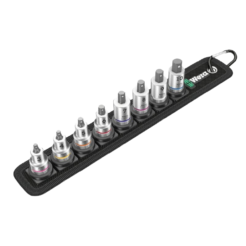 Set of eight metric hex bit sockets on a black rail for use in hand tools, sockets, and woodworking tools collections.