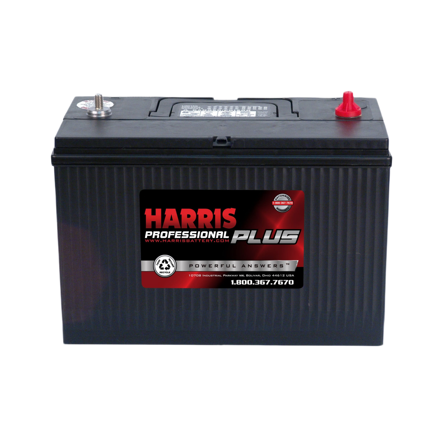 Black Harris Professional Plus flooded lead acid battery with red and silver terminals for automotive and all products collection