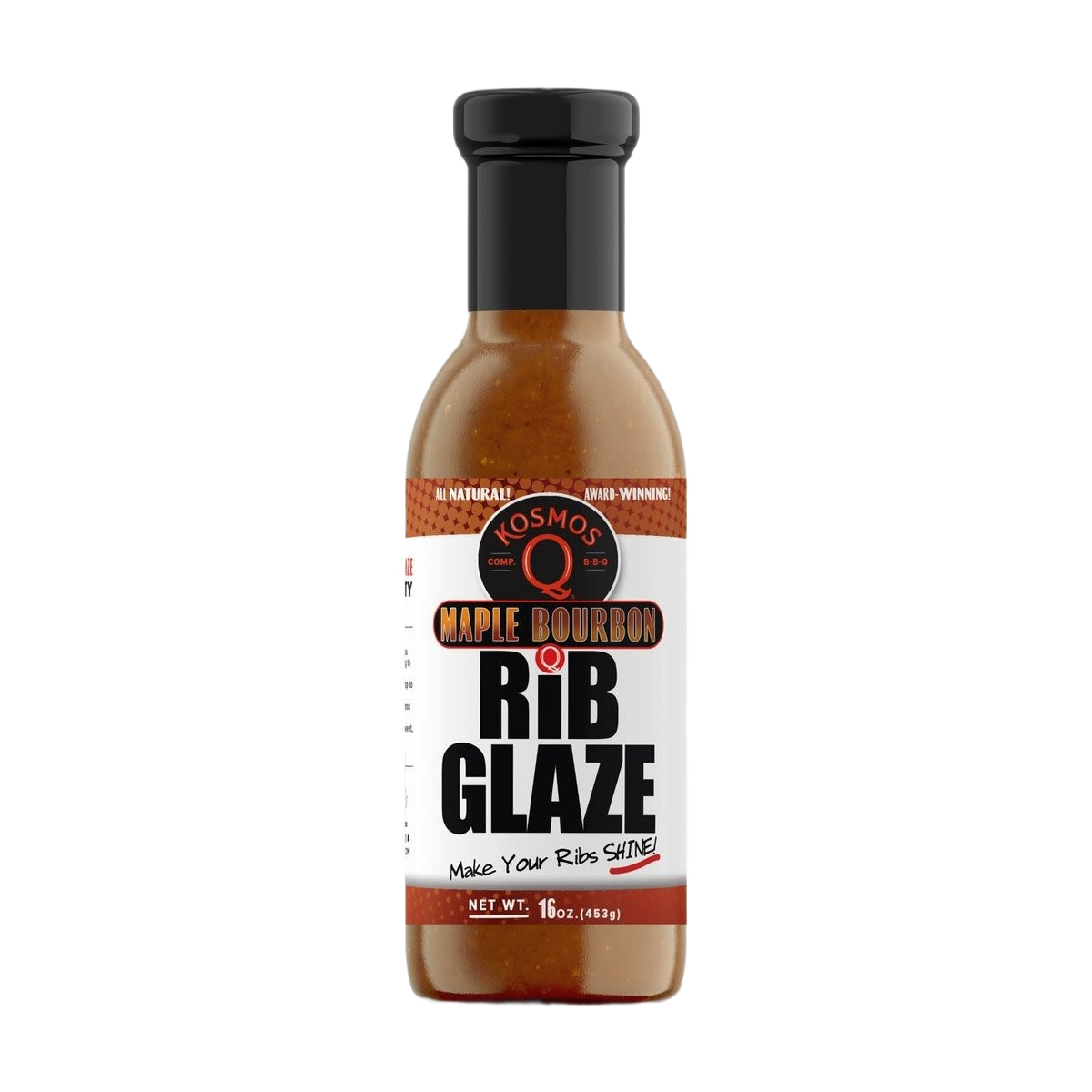 Bottle of Kosmos Q Maple Bourbon Rib Glaze with a black cap and bold label on a white background