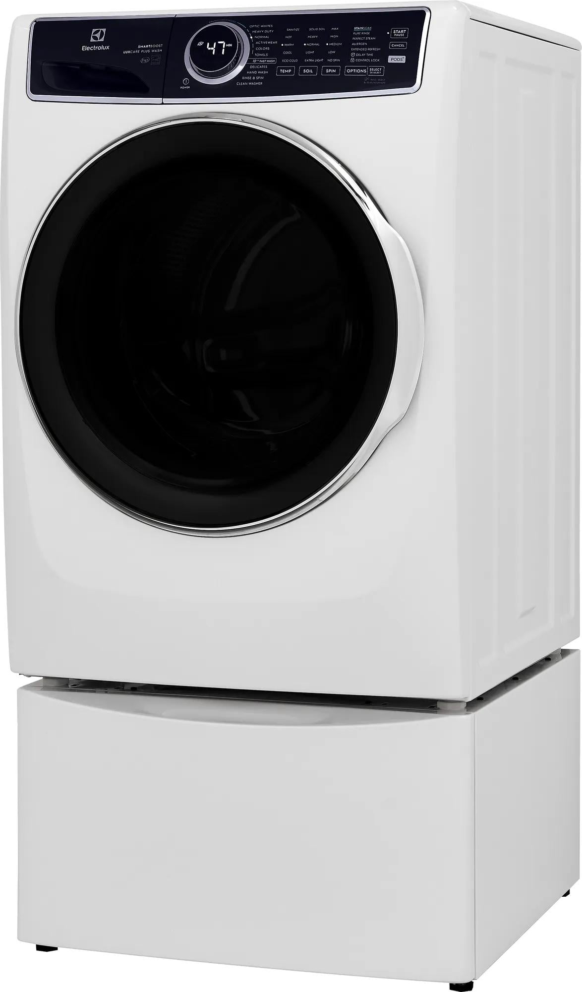 White front load washer with digital control panel and large door, part of front load washers and appliances collection
