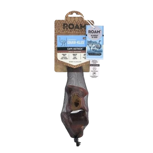 Two-pack of small dog chew bones made from cape ostrich, packaged in mesh with branded cardboard label
