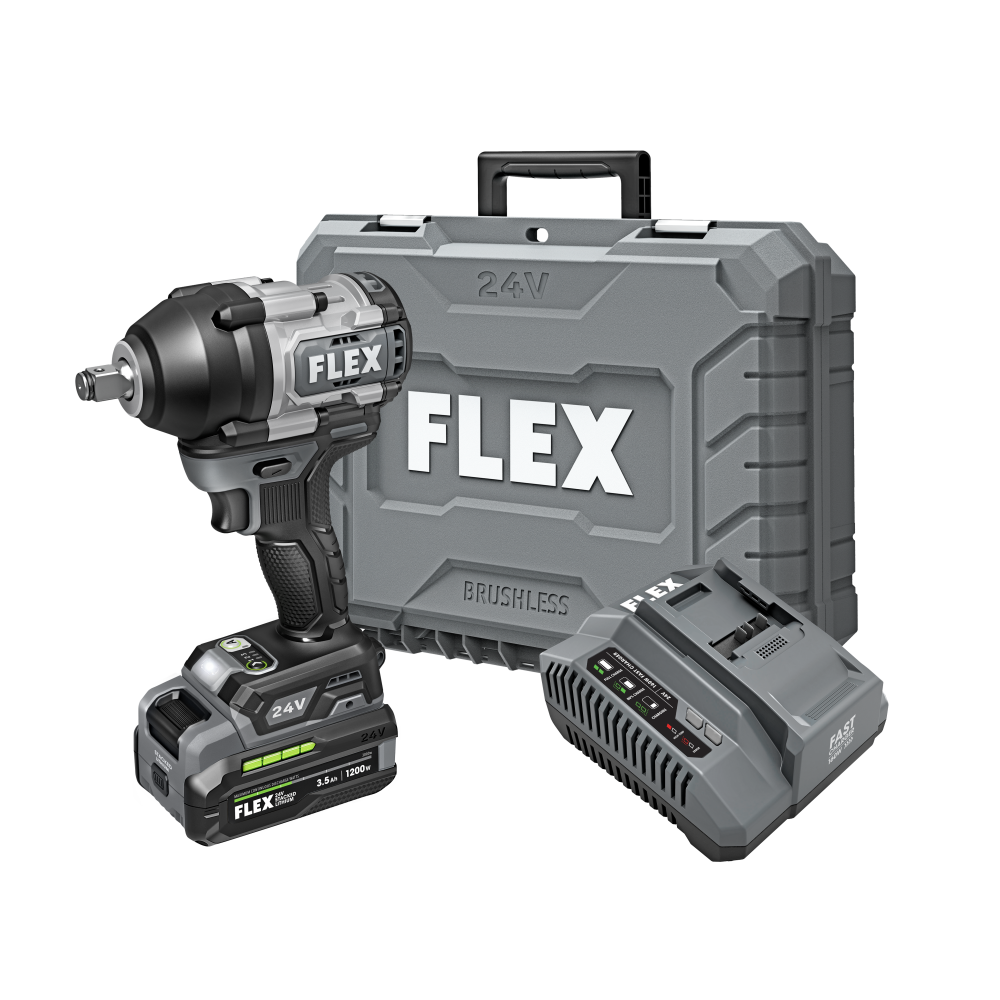 24V FLEX mid-torque cordless impact wrench with battery, fast charger, and durable carrying case, part of Power Tools and Woodworking Tools collections for home improvement at Hartville Hardware.