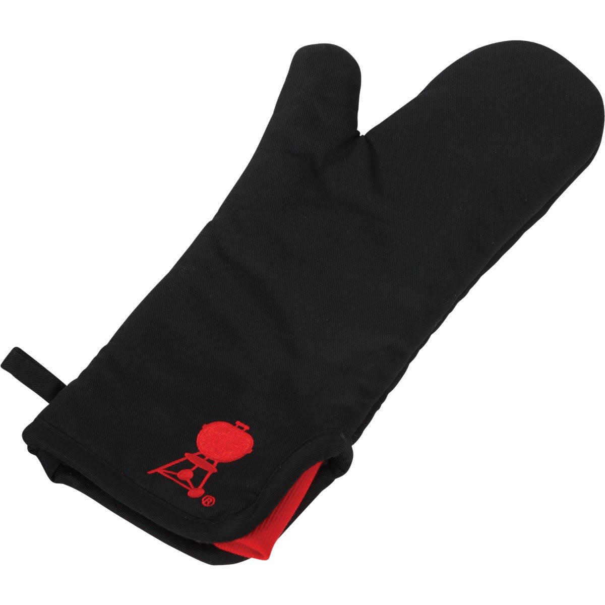 Black cotton BBQ mitt with red grill logo and adjustable foldable cuff in grilling accessories and outdoor living collections