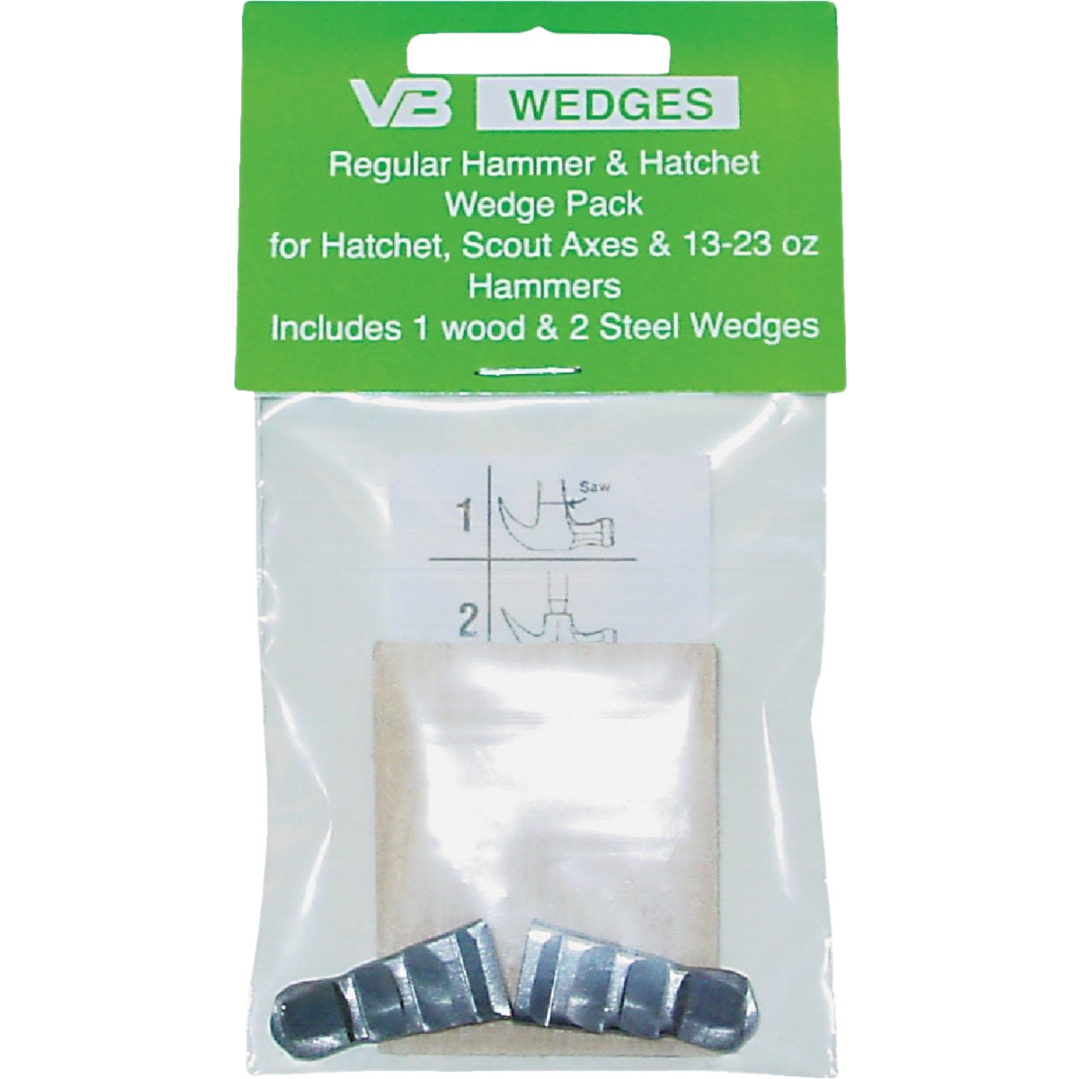 Wood and steel wedges for hammer and hatchet handle repair in clear plastic pack with green labeled header for tools and home use