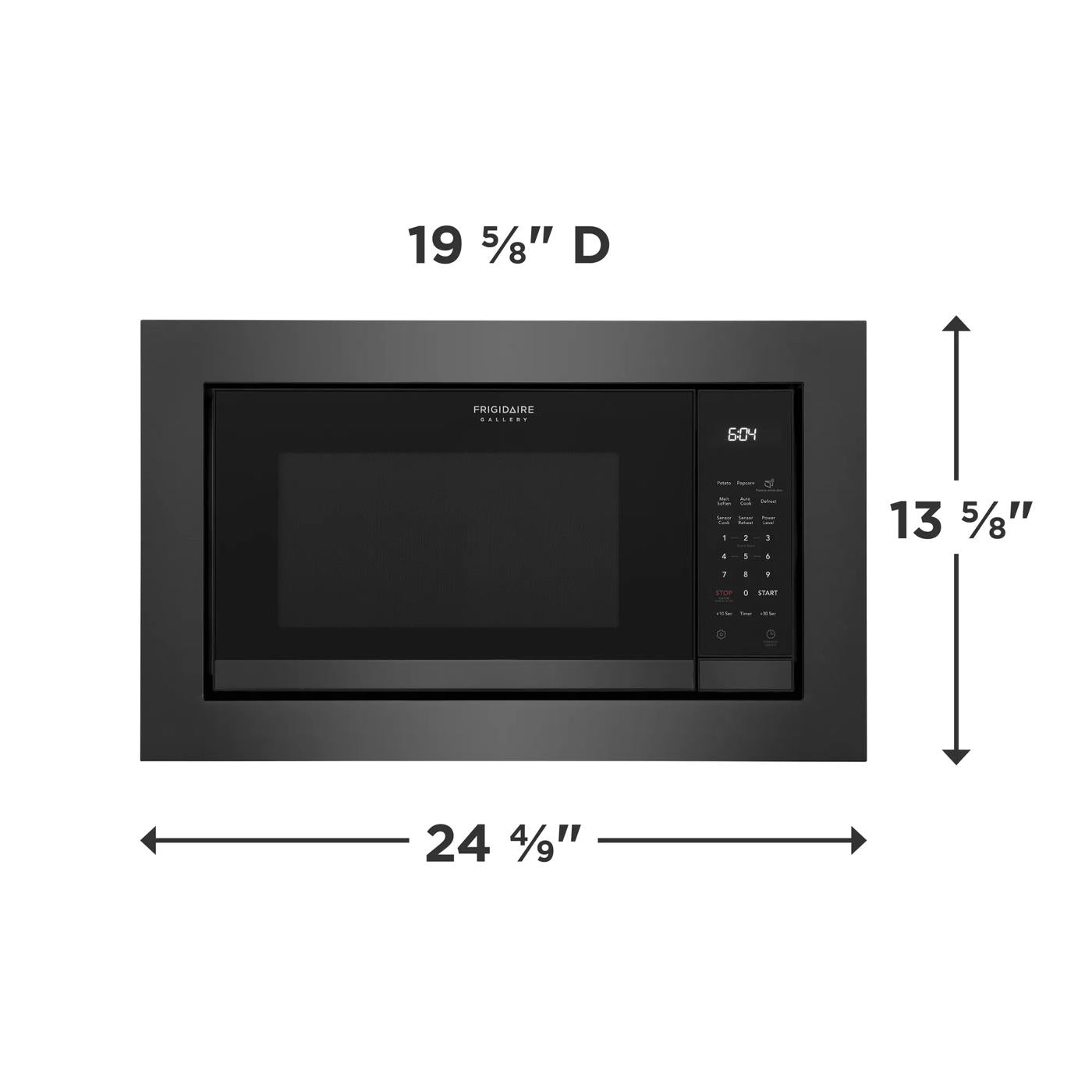 Built-in microwave with black finish, digital control panel, and preset cooking buttons for kitchen appliances.