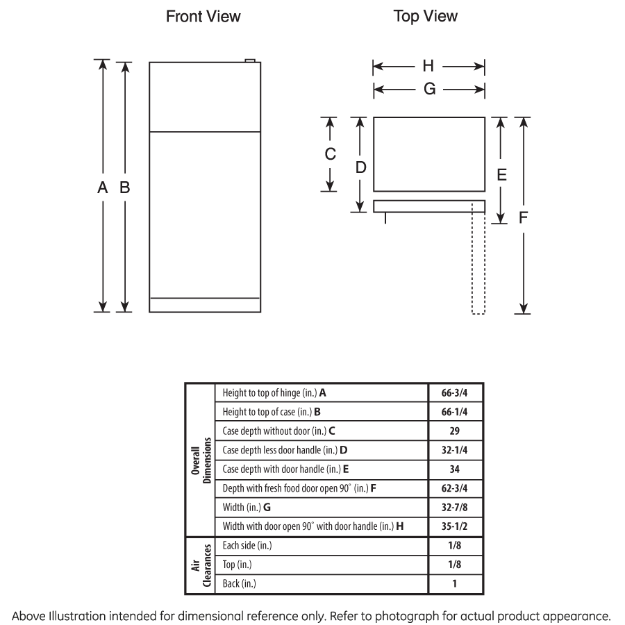Technical line drawing of a top-freezer refrigerator with detailed dimensional measurements for appliance installation.