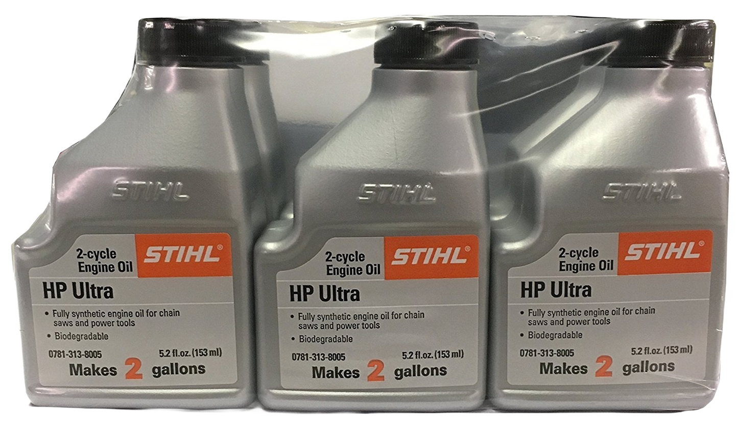 Six-pack of gray STIHL HP Ultra 2-cycle engine oil bottles for chain saw and power tool maintenance
