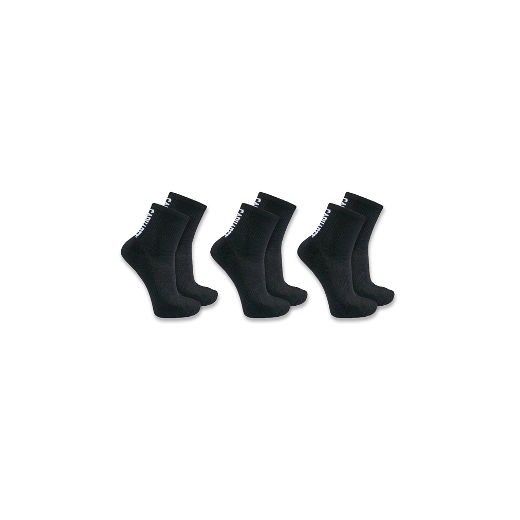 Three pairs of black short crew socks with white logo on cuff, designed for men and active use