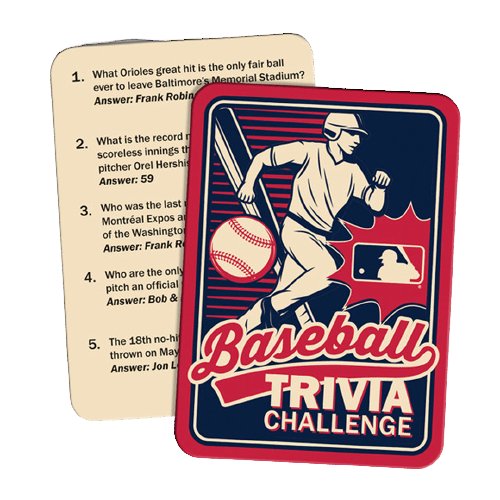 Deck of baseball trivia cards featuring a vintage player illustration and challenging questions for sports game enthusiasts