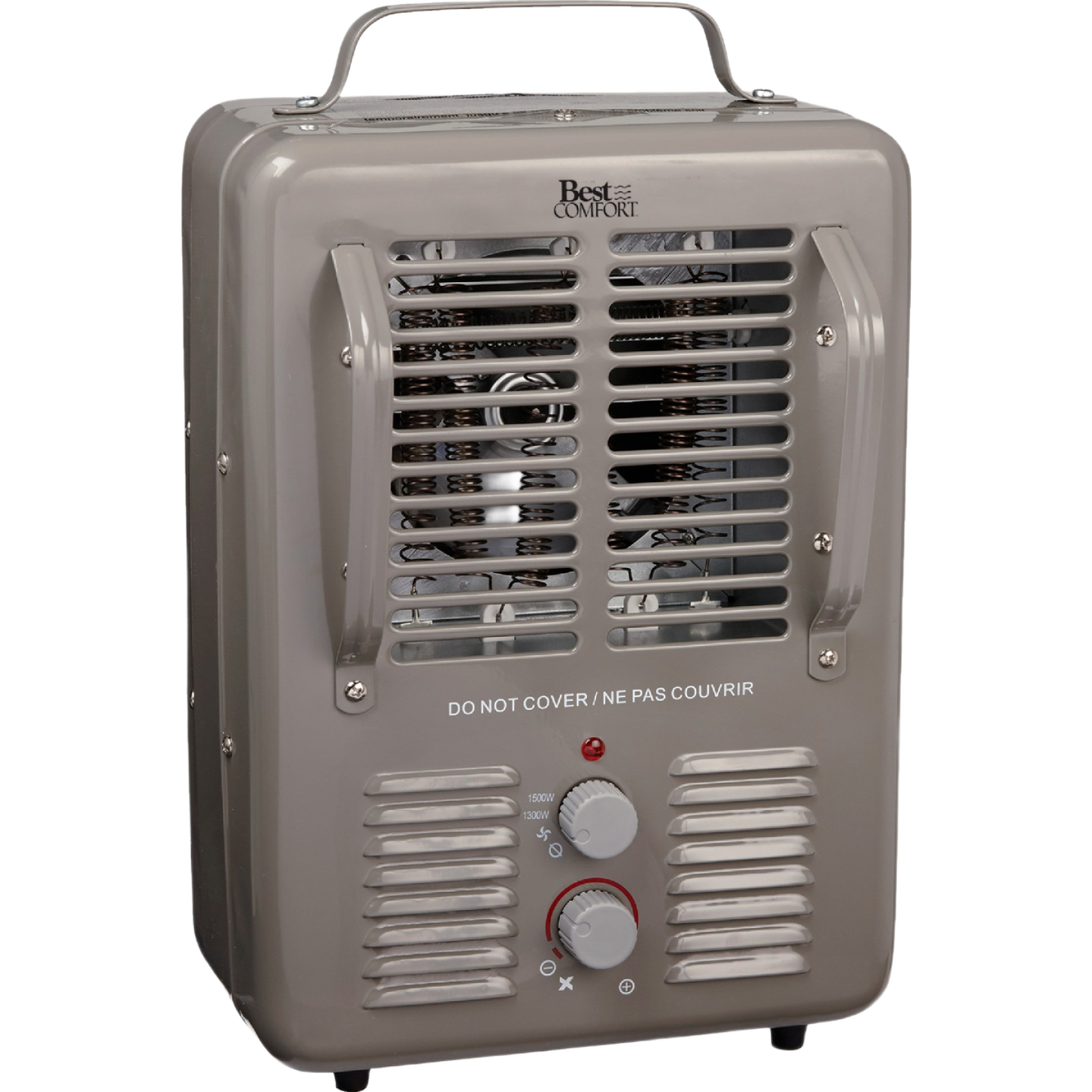 Gray portable utility heater with metal handle, fan vents, and adjustable heat control knobs in home improvement products