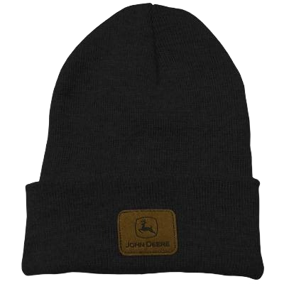 Black knit beanie with folded cuff and brown leather patch featuring a logo for cold weather wear