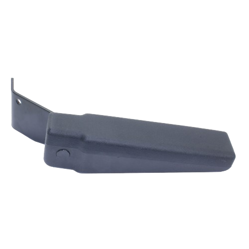Black plastic right side seat armrest with metal mounting bracket for automotive and John Deere parts collections