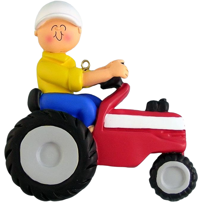 Colorful personalized ornament showing male figure driving red tractor for Christmas Ornaments & Tree Decorations under $50 collection