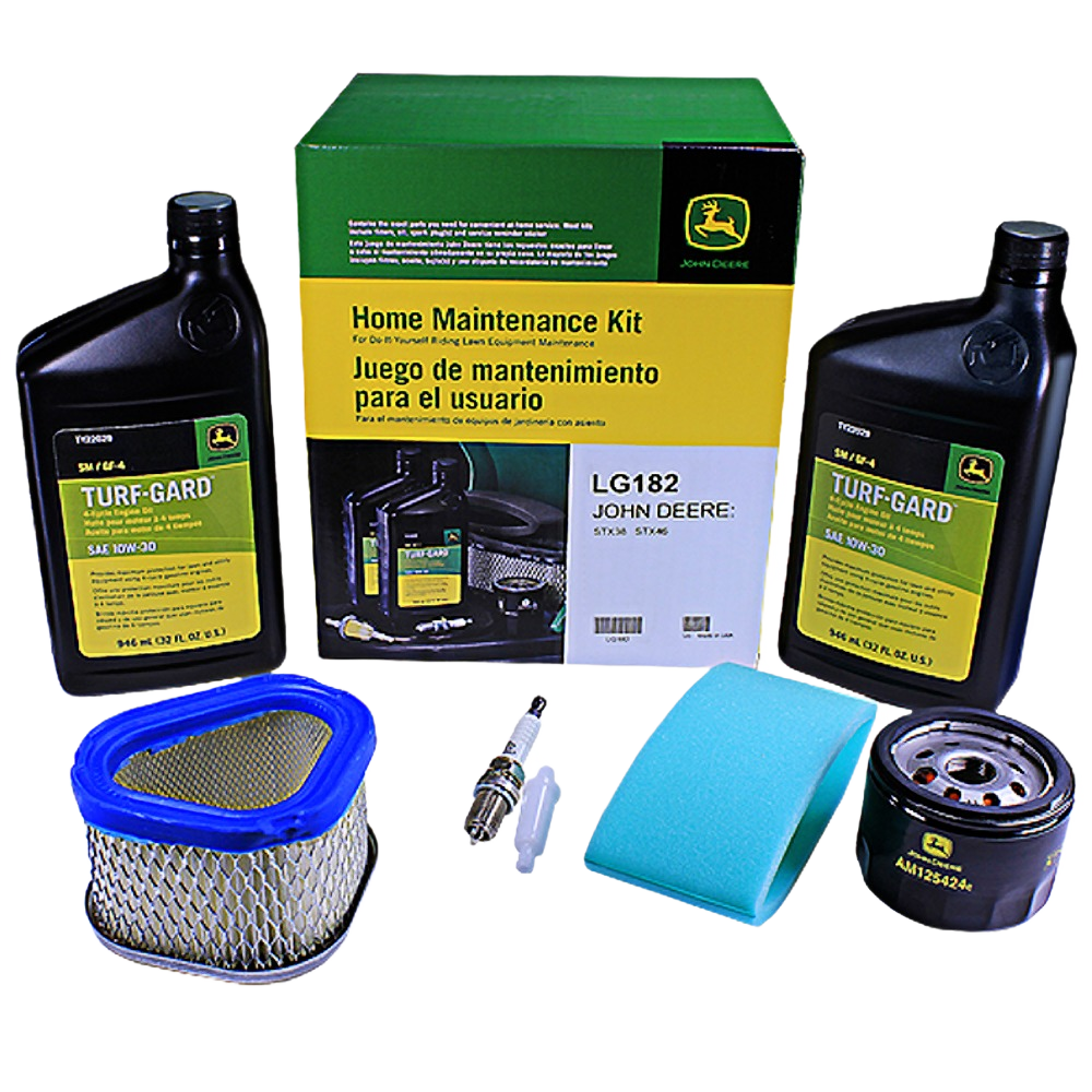 John Deere home maintenance kit with engine oil, air filters, spark plug, and oil filter for lawn equipment upkeep