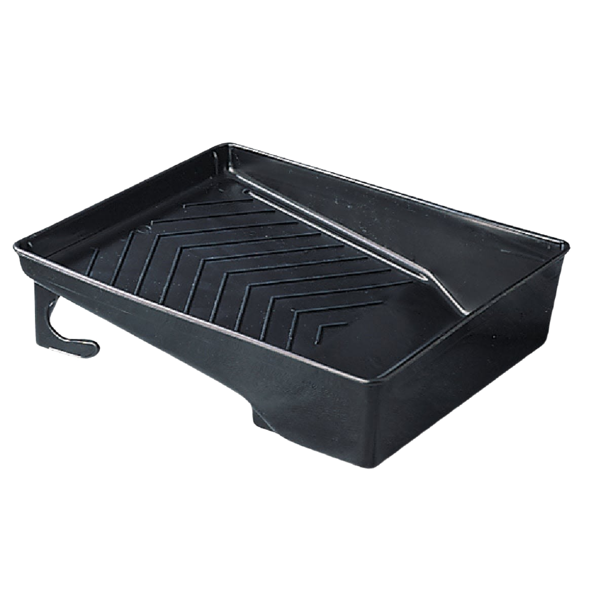 Black deep well paint tray with textured surface for rollers up to 9 inches, suitable for home improvement projects.