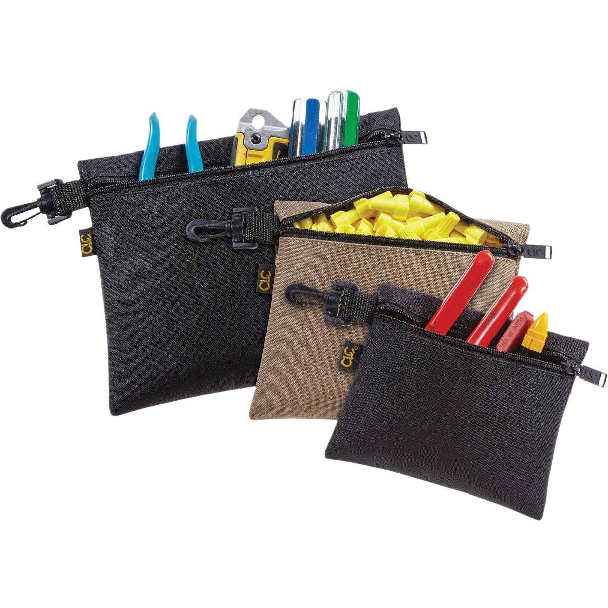 Three multipurpose zippered pouches in black and tan holding assorted tools and hardware for home improvement tasks