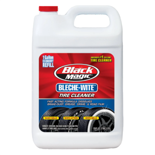 White plastic gallon jug of Black Magic Bleche-Wite tire cleaner for automotive use under $50 and home improvement tasks