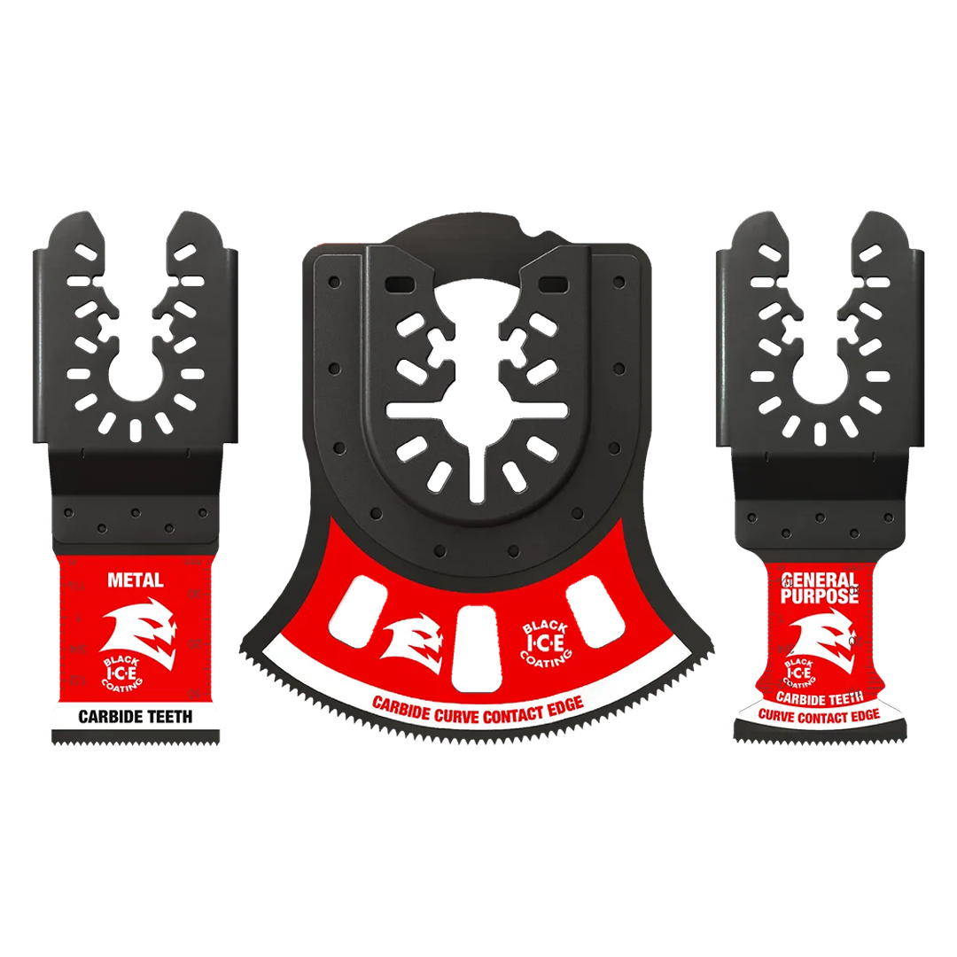 Set of three carbide oscillating blades with black finish designed for metal and general purpose cutting in home improvement tasks