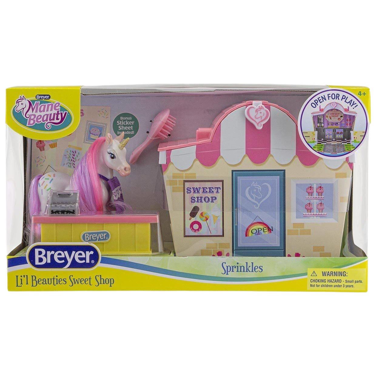 Toy sweet shop playset with pastel pink and white striped roof and white unicorn figure with pink mane and brush accessory