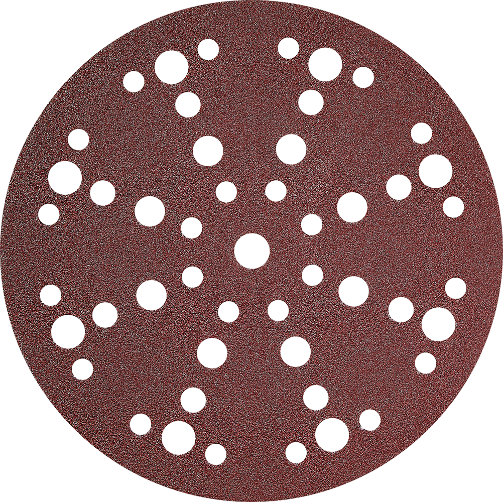 Round brown abrasive sanding disc with multiple ventilation holes for efficient dust removal in home improvement tasks