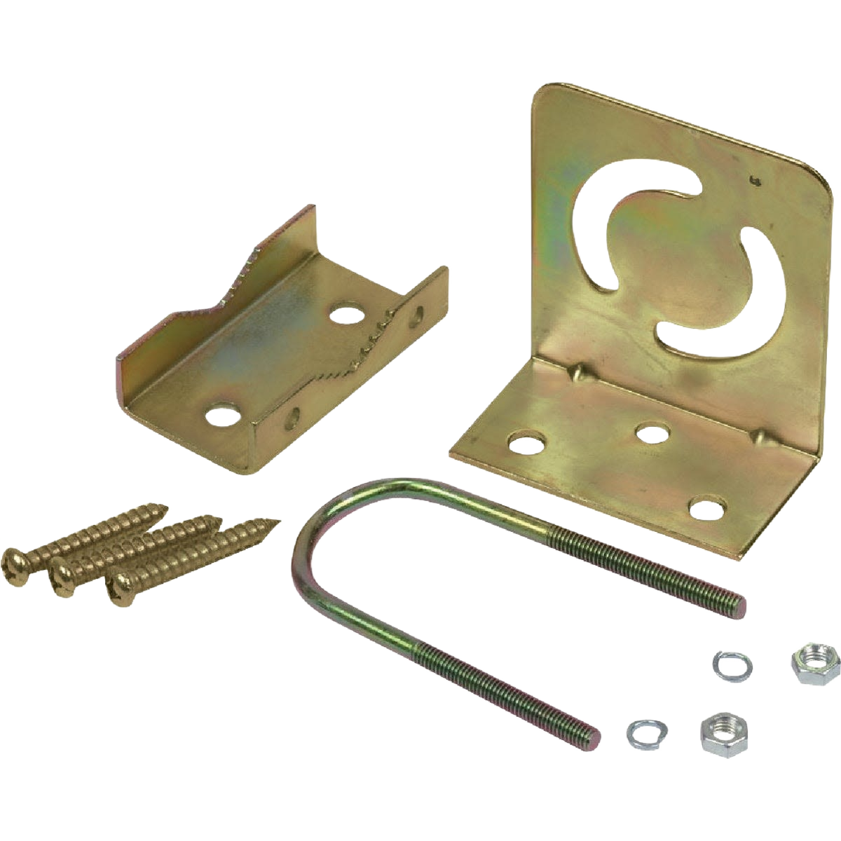 Metal mounting bracket kit with screws, nuts, and U-bolt for antenna installation and home improvement use