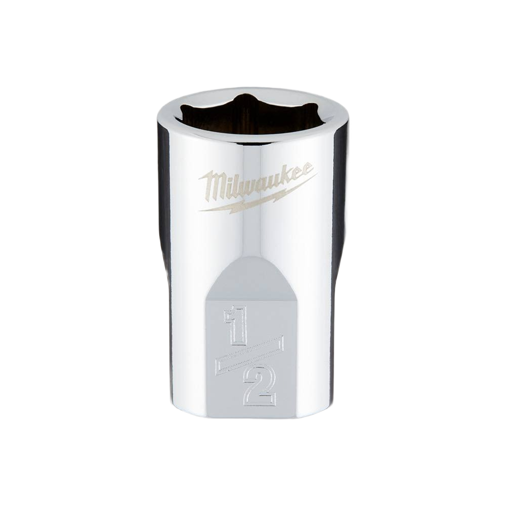 Chrome-finished 1/2-inch socket with four flat sides for wrench grip in Milwaukee hand tools and woodworking sets