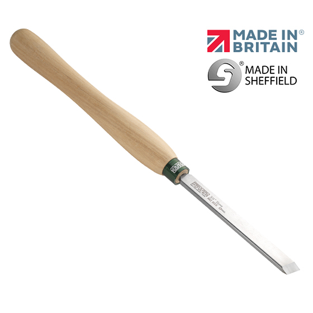 Woodworking skew chisel with ergonomic wooden handle designed for precision carving in woodworking tools collection