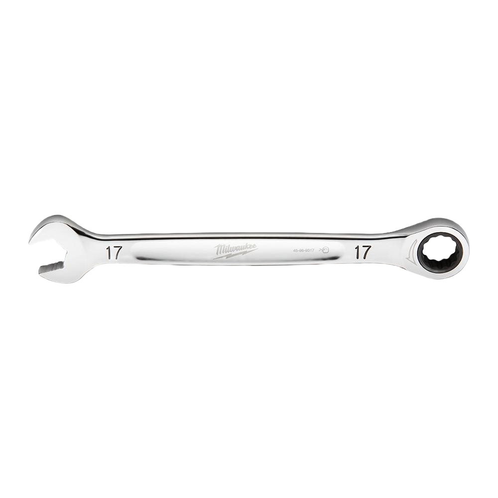 Polished chrome 17-mm ratcheting combination wrench with open and boxed ends for tools and home improvement use