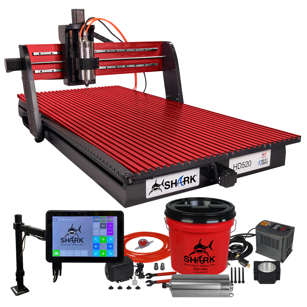 Red and black CNC router with touchscreen control and accessories for advanced tools and home improvement projects