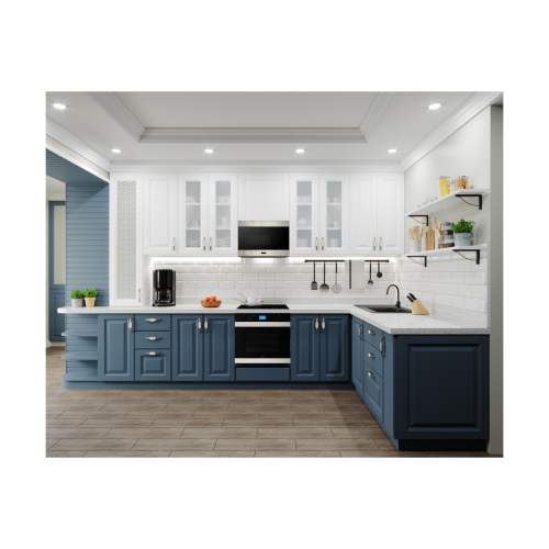 Modern kitchen with 24-inch stainless steel over-the-range microwave oven, white upper cabinets, and blue lower cabinetry