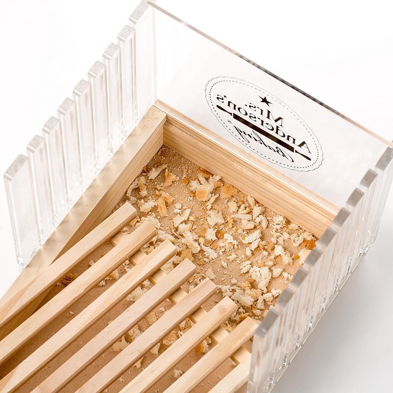 Wood base bread slicing guide with clear adjustable slots and bread crumbs in kitchenware and cooking utensils collections