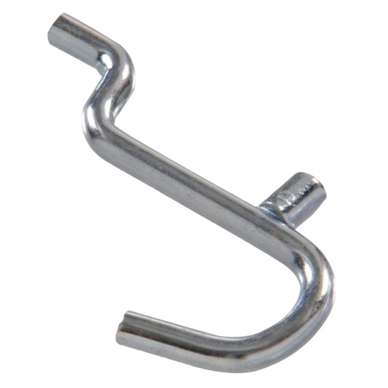 Zinc-plated curved peg hook with smooth finish, designed for organizing tools and home improvement supplies