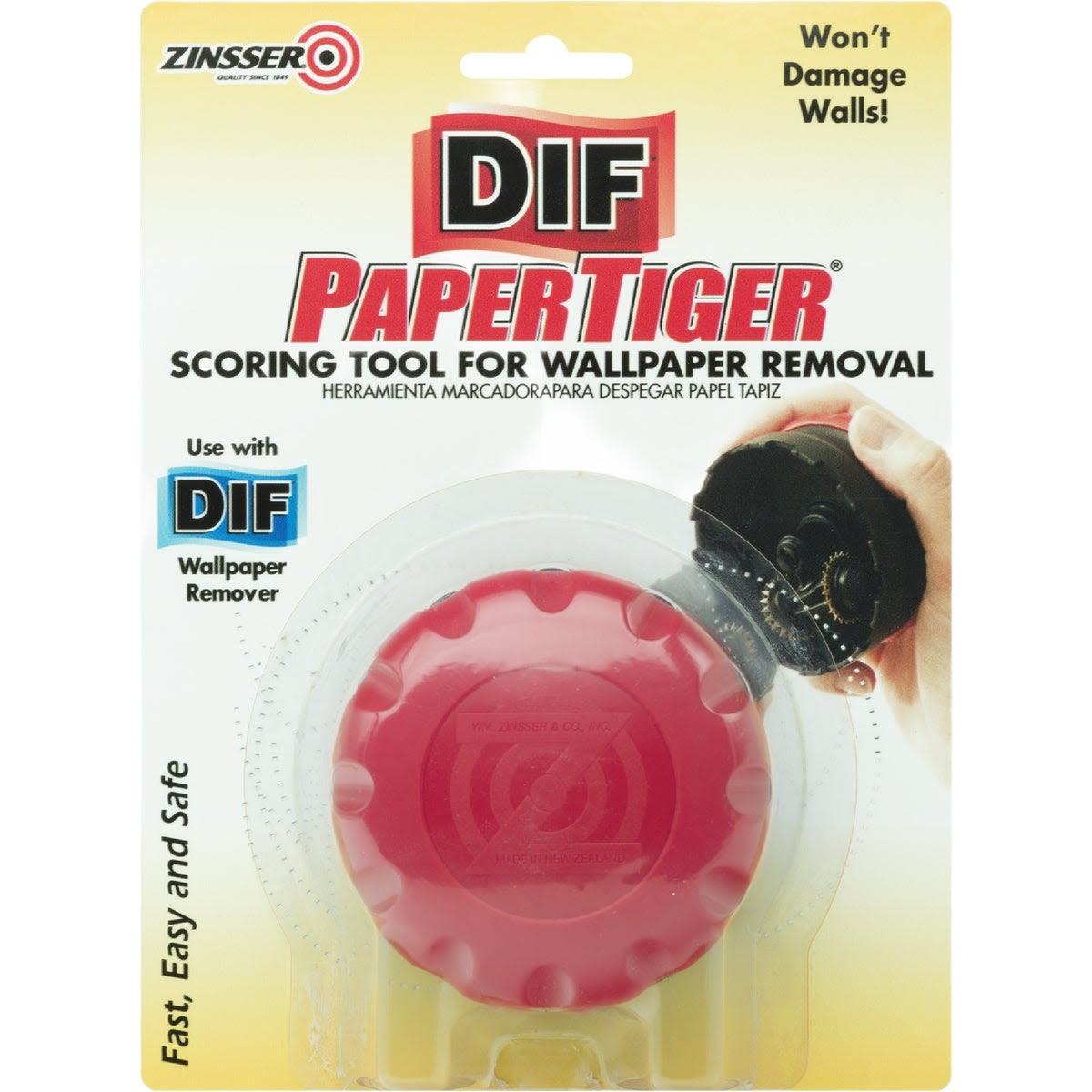 Red scoring tool with black blade for safe and easy wallpaper removal in home improvement projects