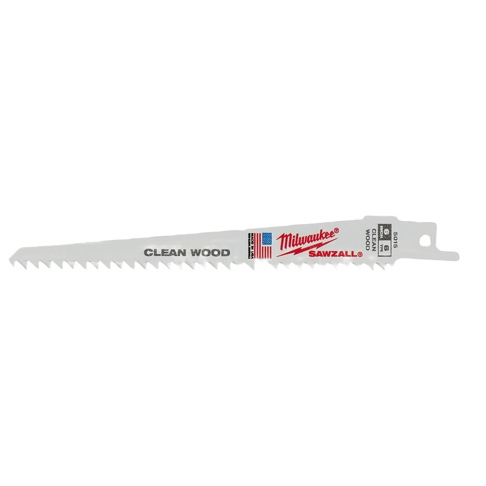Milwaukee 6-inch reciprocating saw blade with 6 TPI teeth, designed for clean wood cutting in home improvement tasks