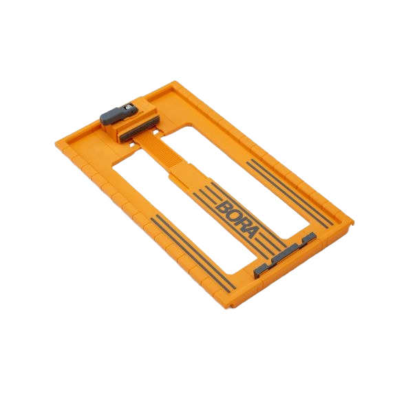 Orange plastic saw guide plate with black measuring markings for precise cutting in tools and home improvement tasks