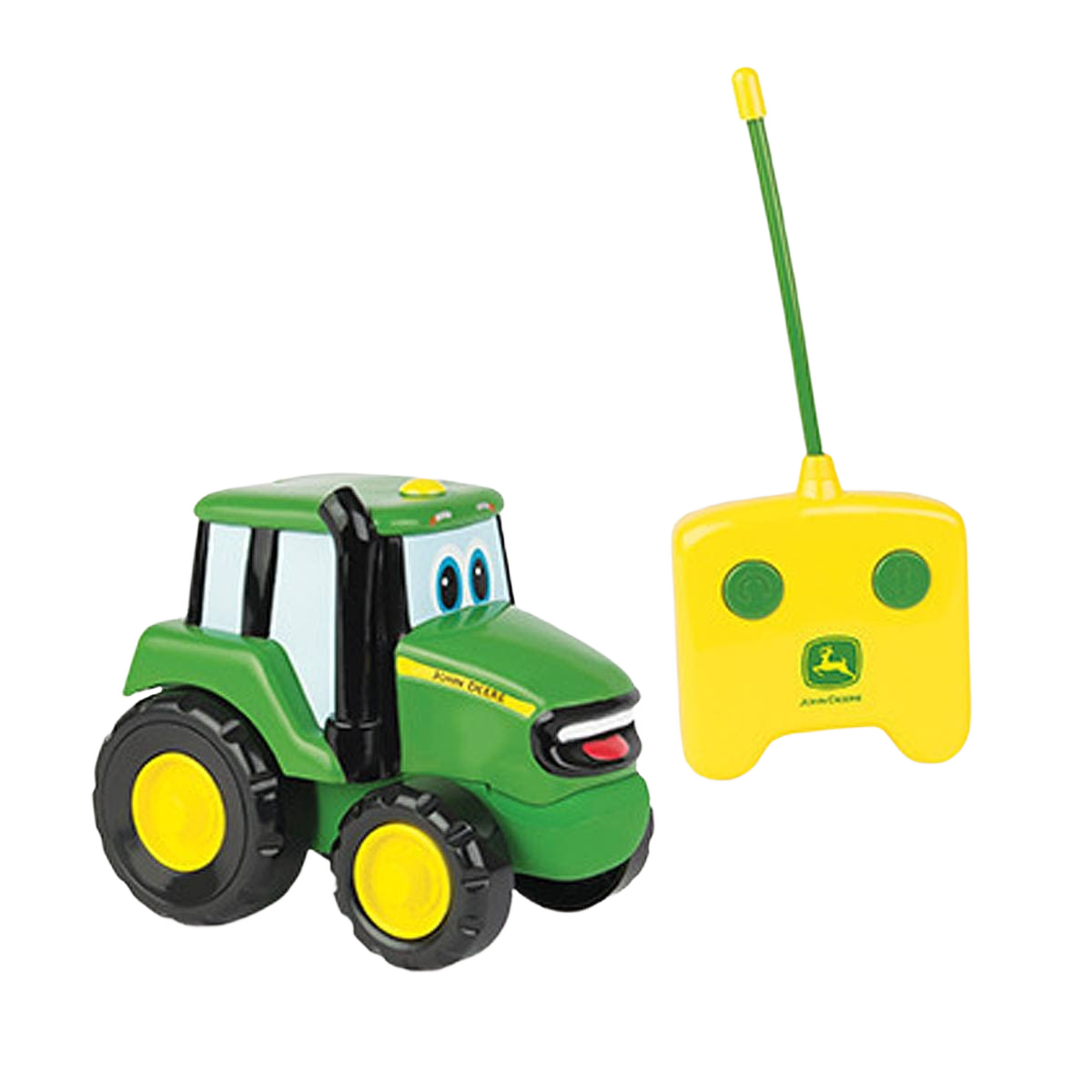 Green and yellow remote control tractor toy with smiling face and simple yellow controller for kids' play and fun
