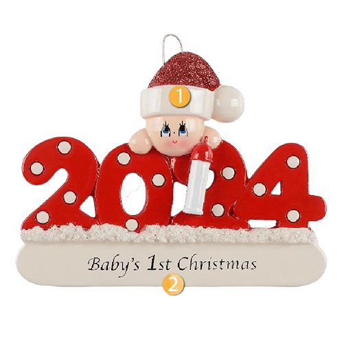 Red 2024 ornament with baby figurine wearing Santa hat holding bottle for Christmas Ornaments & Tree Decorations collection