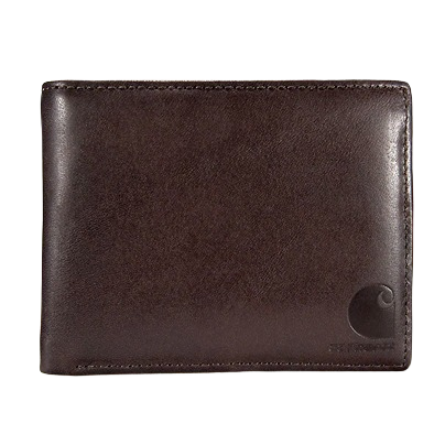 Dark brown full-grain leather passcase wallet with embossed logo, part of Carhartt Accessories under $50 collection