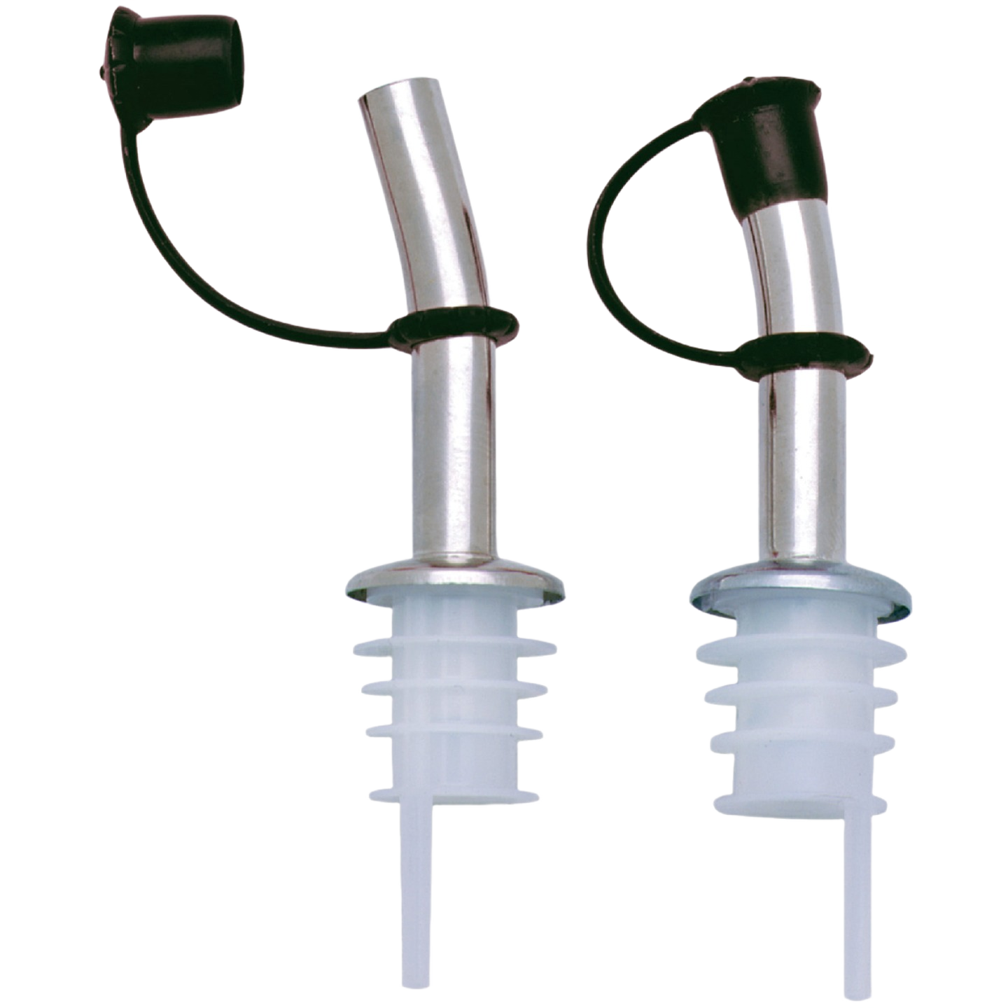 Nickel-plated bottle pourers with silicone stops and attached black caps for controlled pouring in kitchenware sets