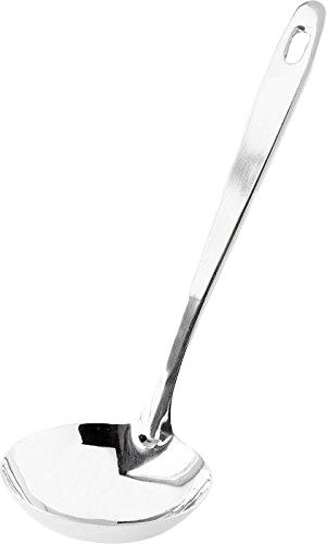 Polished stainless steel ladle with a long handle, ideal for serving soups and kitchen tasks under $50 collections