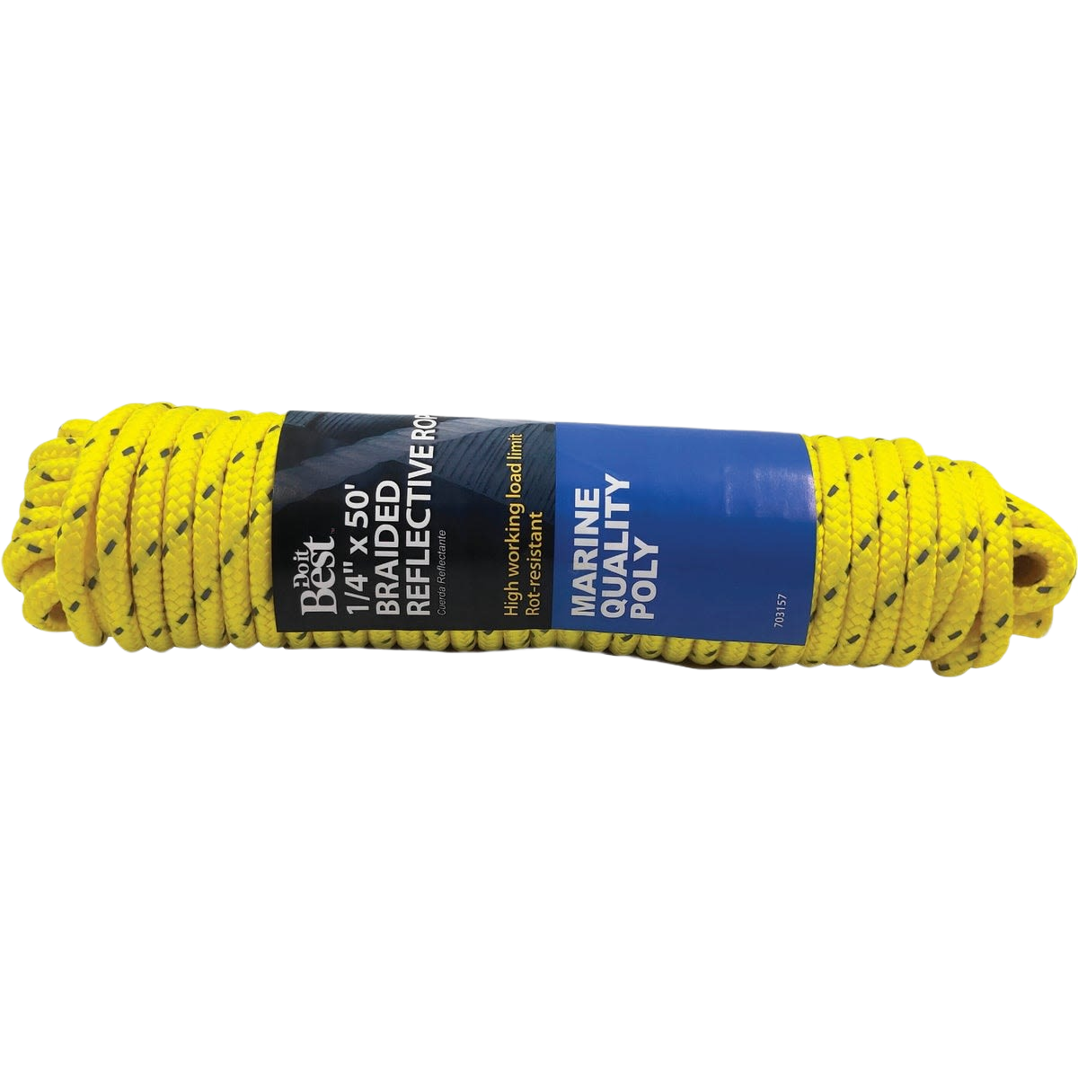 Yellow braided reflective polypropylene rope designed for marine use and general home improvement applications
