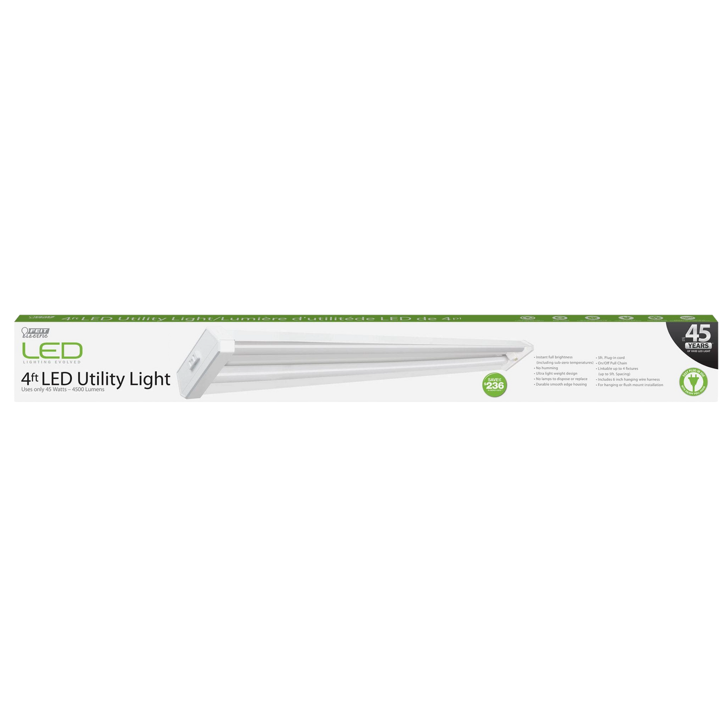 4 ft LED utility light fixture in white with energy-saving features for use in lighting and electrical projects