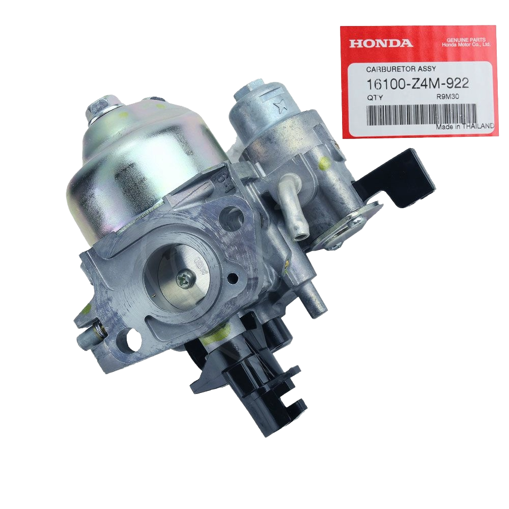 Honda carburetor assembly with metal body shown alongside red and white genuine parts label in tools collection