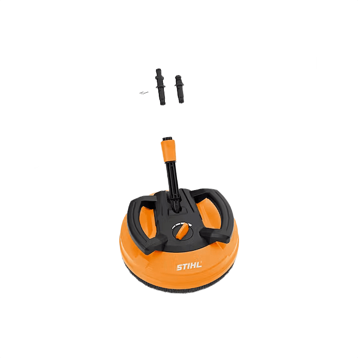 Orange and black rotary surface cleaner with ergonomic handles and mounting hardware for power washing tasks