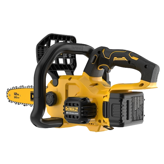 Compact yellow and black cordless chainsaw with brushless motor and ergonomic handle for tools and home improvement tasks
